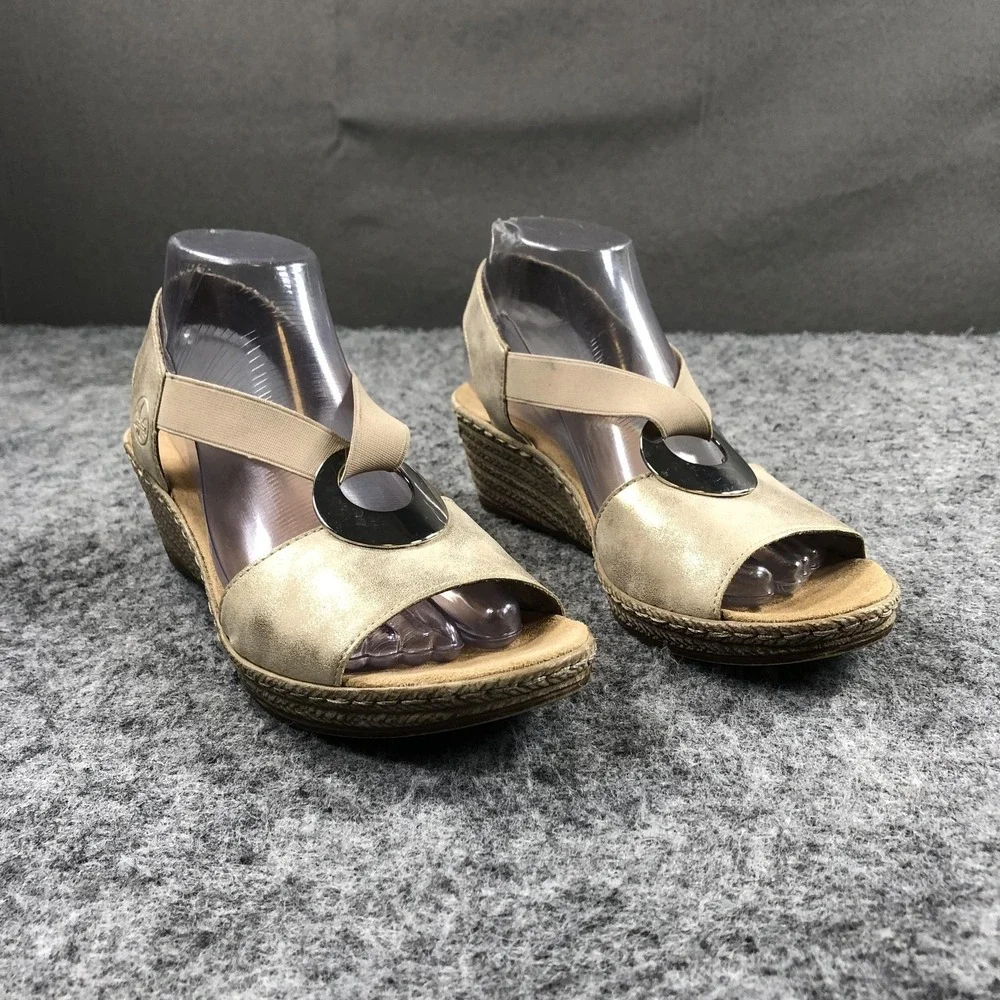 Rieker Wedge Sandals Womens 8 Beige Stretch Espadrille Medallion Comfort